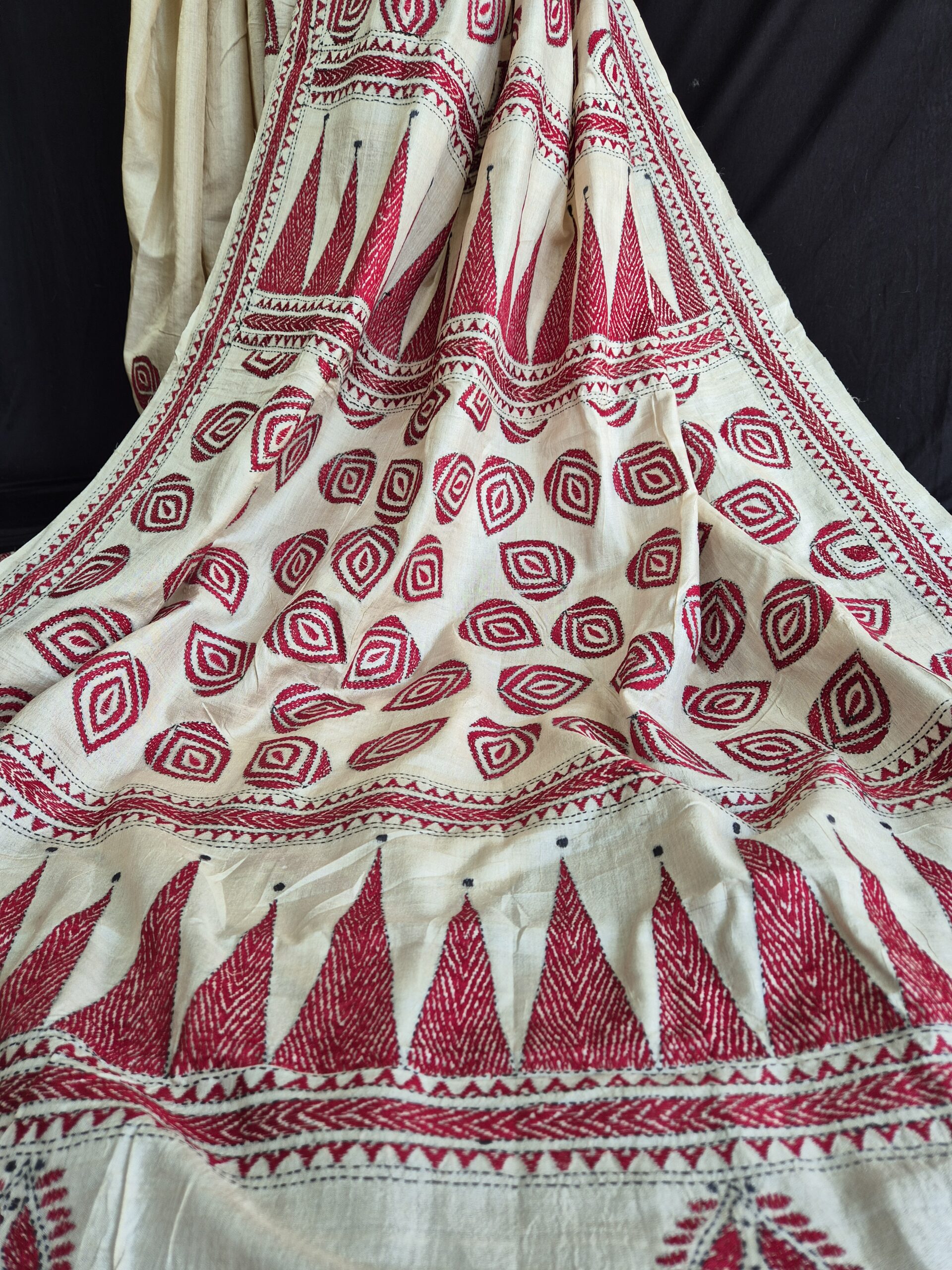 Temple Border & Flower Kantha Stitch on Undyed Pure Tussar - Image 2