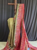 kantha stitch work on mehendi & red pure tussar saree with silk mark