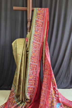 kantha stitch work on mehendi & red pure tussar saree with silk mark