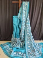 kantha stitch work on teal blue pure tussar saree with silk mark
