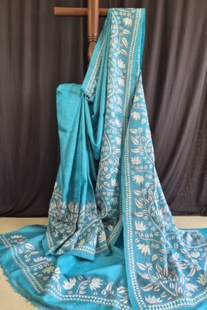 kantha stitch work on teal blue pure tussar saree with silk mark