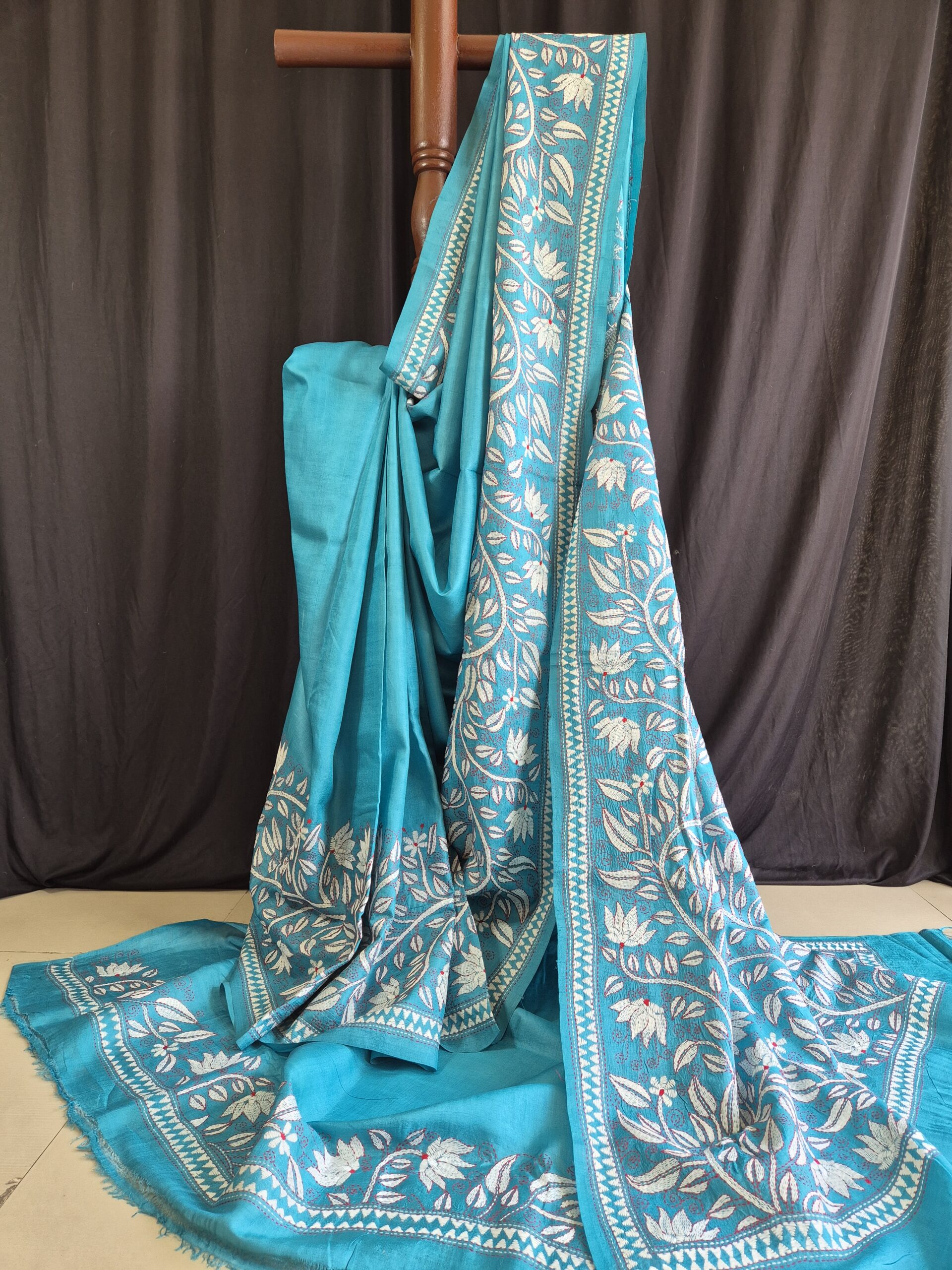 kantha stitch work on teal blue pure tussar saree with silk mark