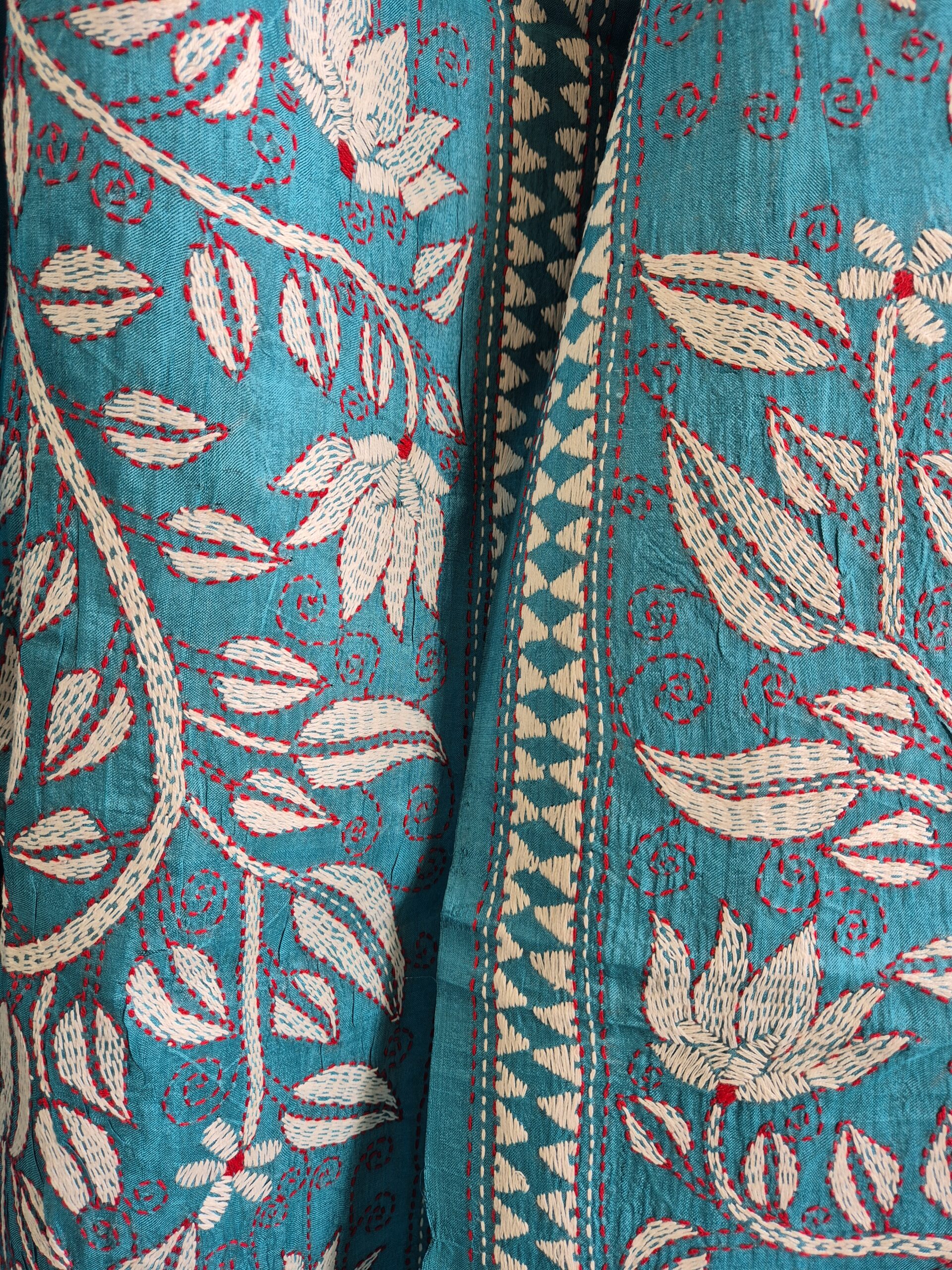 Teal Blue Kantha Stitch Saree on Pure Tussar - Image 2