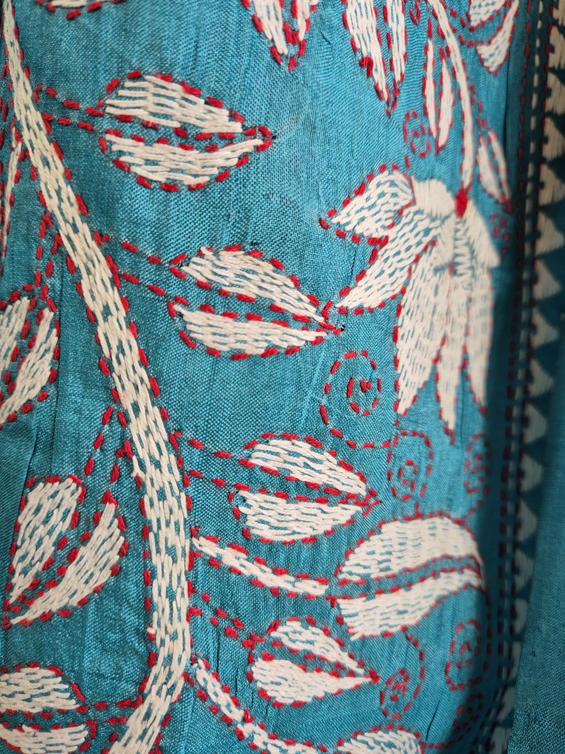 Teal Blue Kantha Stitch Saree on Pure Tussar - Image 4