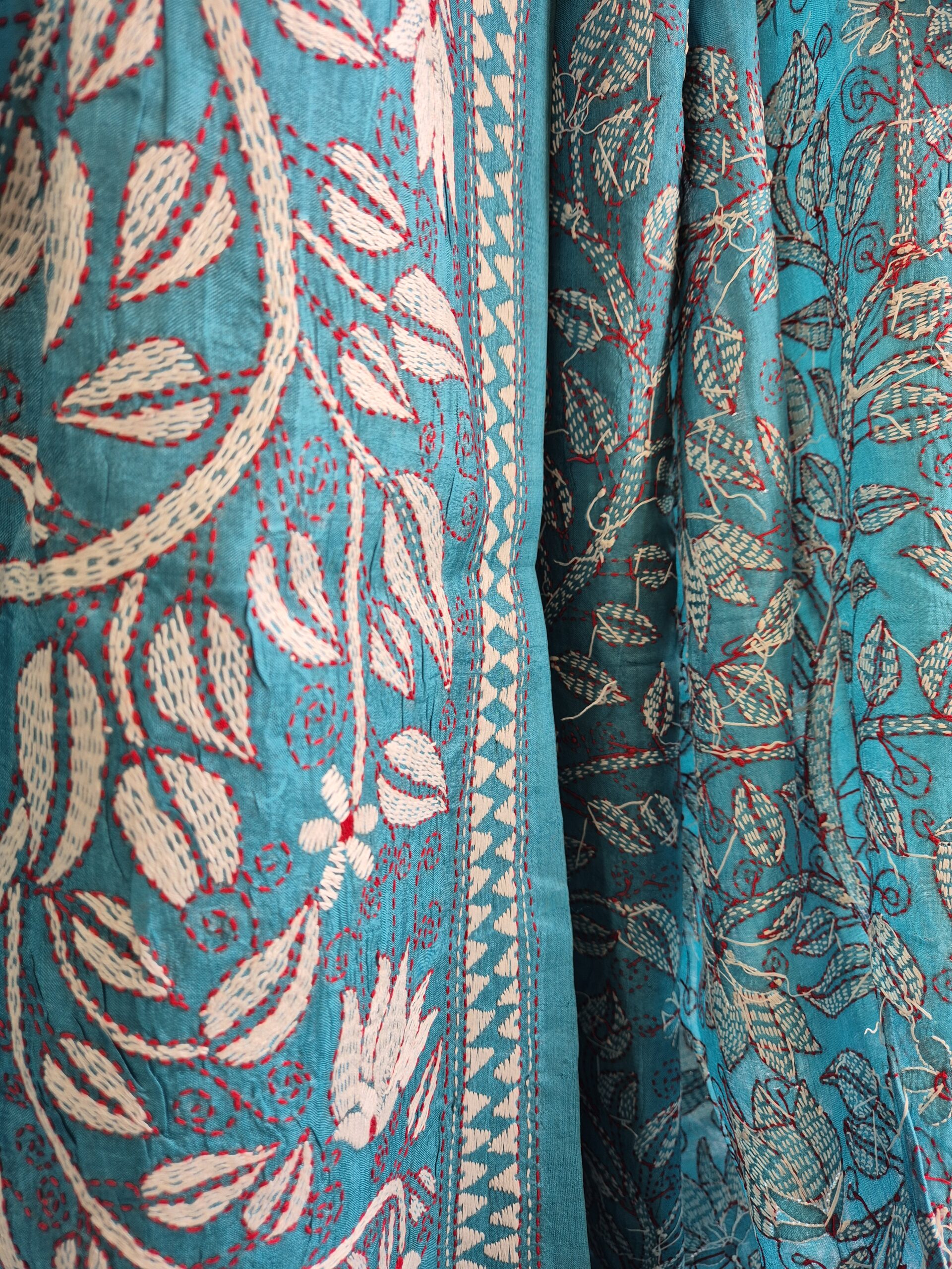 Teal Blue Kantha Stitch Saree on Pure Tussar - Image 3