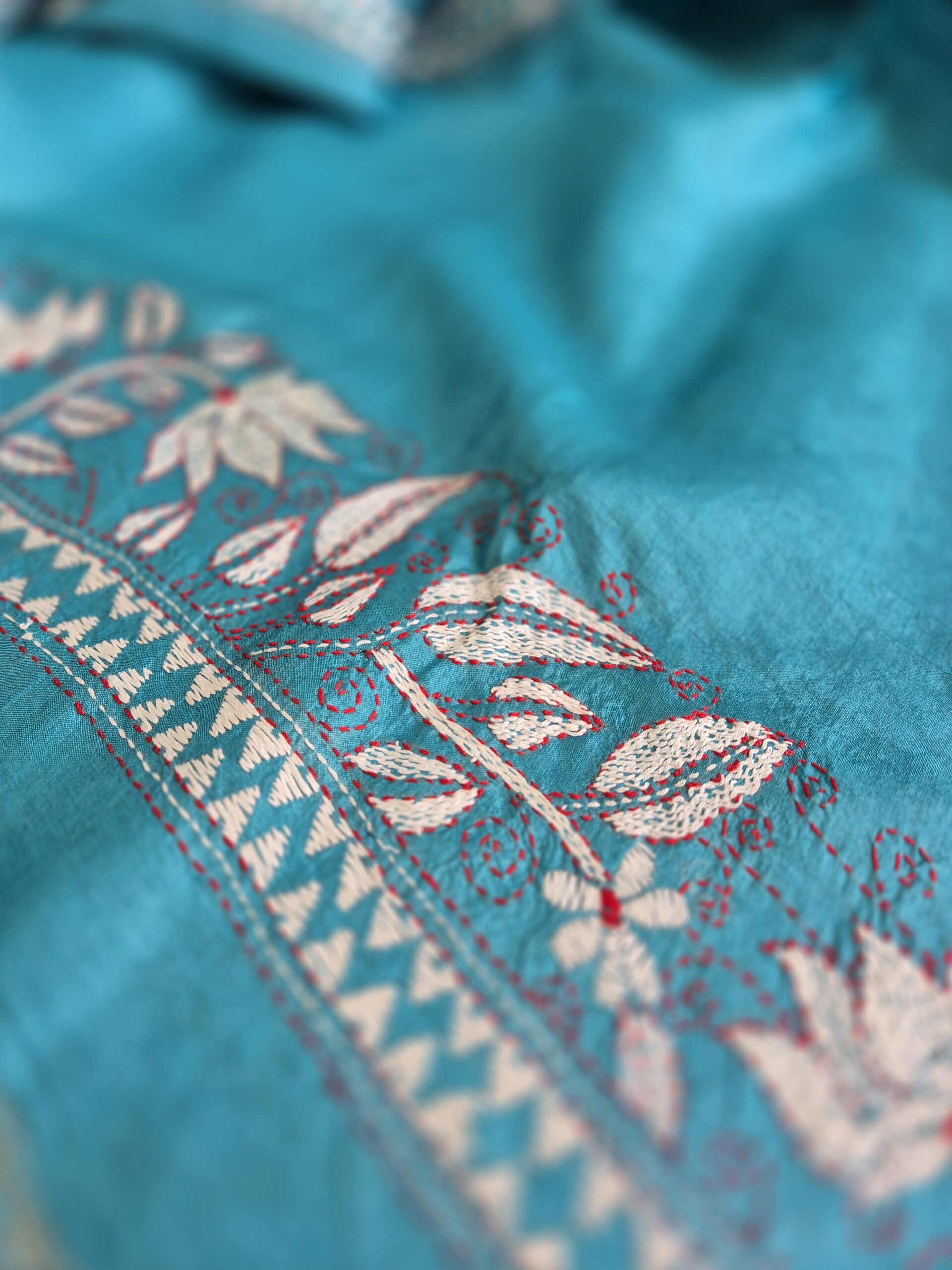 Teal Blue Kantha Stitch Saree on Pure Tussar - Image 6