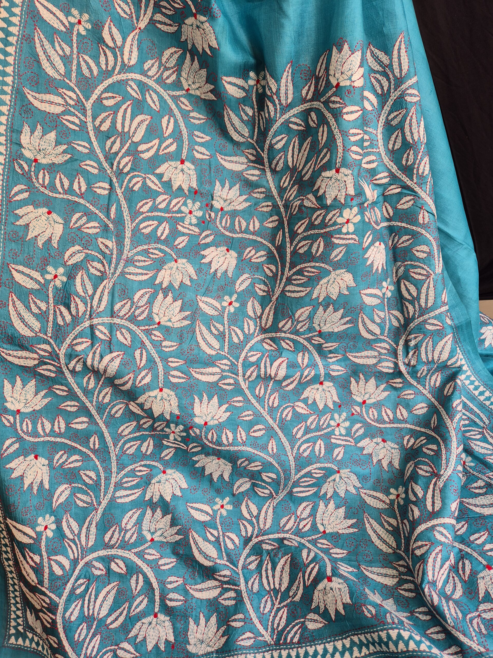 Teal Blue Kantha Stitch Saree on Pure Tussar - Image 5