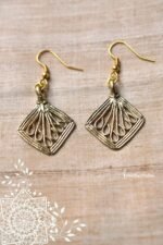 Tribal dokra earrings featuring square art deco fan design.